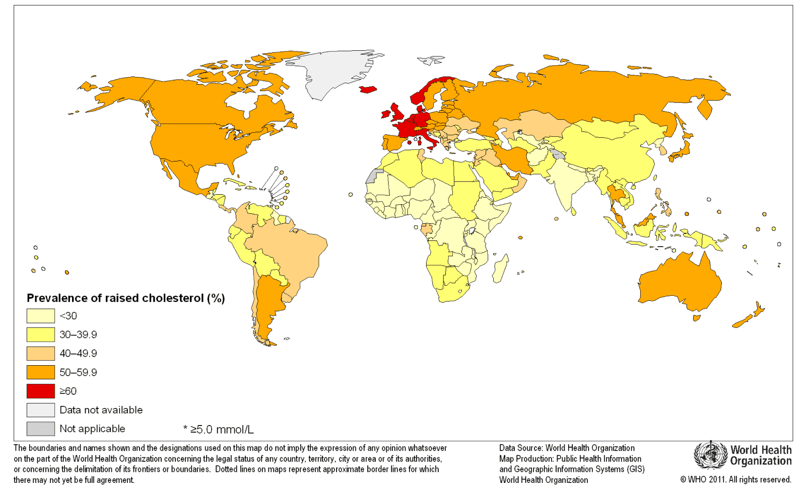 statistics regarding prevalence of raised total cholesterol among adults worldwide published by World Health Organization